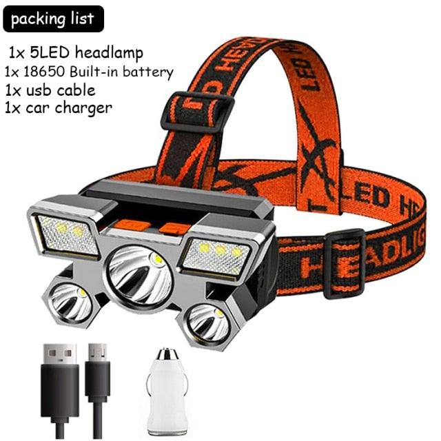Adjustable USB Rechargeable Torch Lamp Built-in Battery 5 Led Strong Headlight Waterproof Rechargeable Super Bright Head-Mounted Flashlight For Outdoor Night Camping