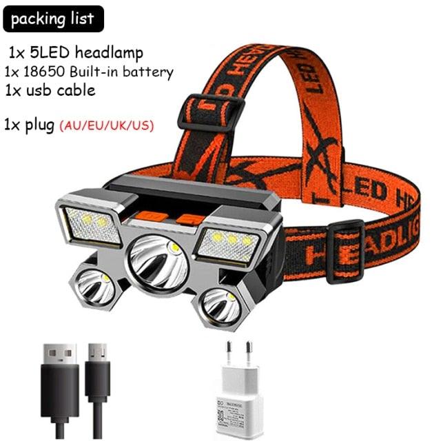 Adjustable USB Rechargeable Torch Lamp Built-in Battery 5 Led Strong Headlight Waterproof Rechargeable Super Bright Head-Mounted Flashlight For Outdoor Night Camping