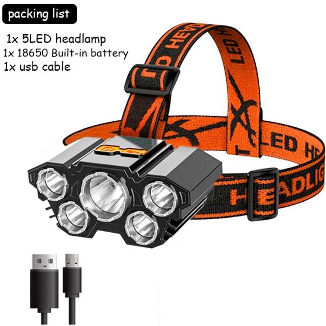 Adjustable USB Rechargeable Torch Lamp Built-in Battery 5 Led Strong Headlight Waterproof Rechargeable Super Bright Head-Mounted Flashlight For Outdoor Night Camping