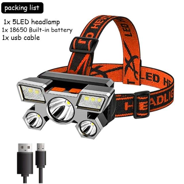 Adjustable USB Rechargeable Torch Lamp Built-in Battery 5 Led Strong Headlight Waterproof Rechargeable Super Bright Head-Mounted Flashlight For Outdoor Night Camping