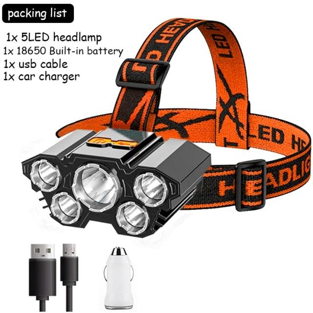Adjustable USB Rechargeable Torch Lamp Built-in Battery 5 Led Strong Headlight Waterproof Rechargeable Super Bright Head-Mounted Flashlight For Outdoor Night Camping