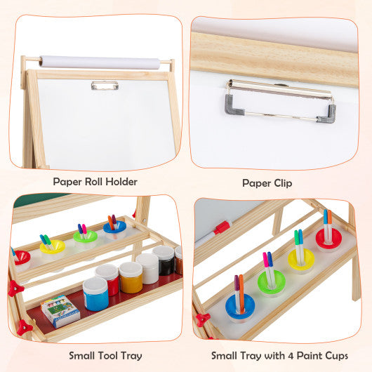 Adjustable Double-sided Easel with 4 Paint Cups-Natutral