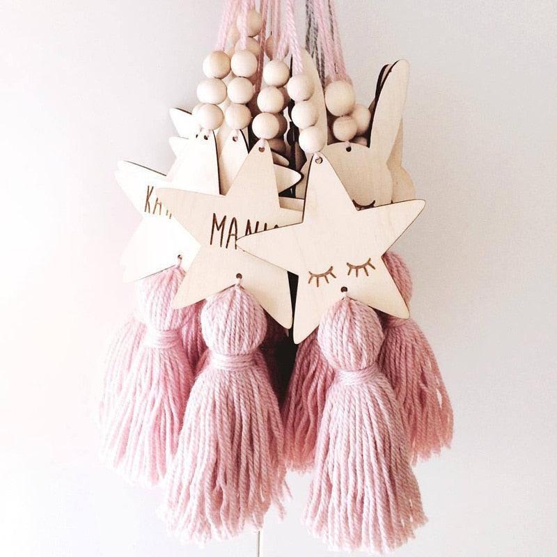 Adorable Sleepy Eye Eyelash Kids Room Decoration Crafts Wood Wall Hanging Stars Decorative Beads Tassel Photography Props Gift For Kids Bedroom Decor Makeup Sticker For Girls Room Wall Art
