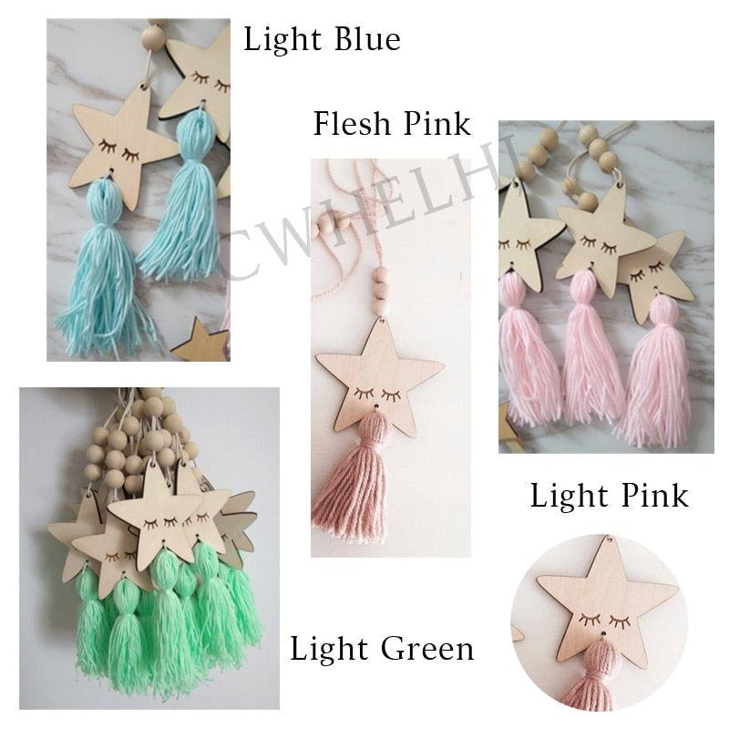Adorable Sleepy Eye Eyelash Kids Room Decoration Crafts Wood Wall Hanging Stars Decorative Beads Tassel Photography Props Gift For Kids Bedroom Decor Makeup Sticker For Girls Room Wall Art