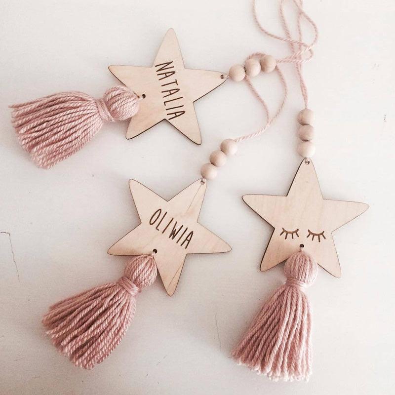 Adorable Sleepy Eye Eyelash Kids Room Decoration Crafts Wood Wall Hanging Stars Decorative Beads Tassel Photography Props Gift For Kids Bedroom Decor Makeup Sticker For Girls Room Wall Art