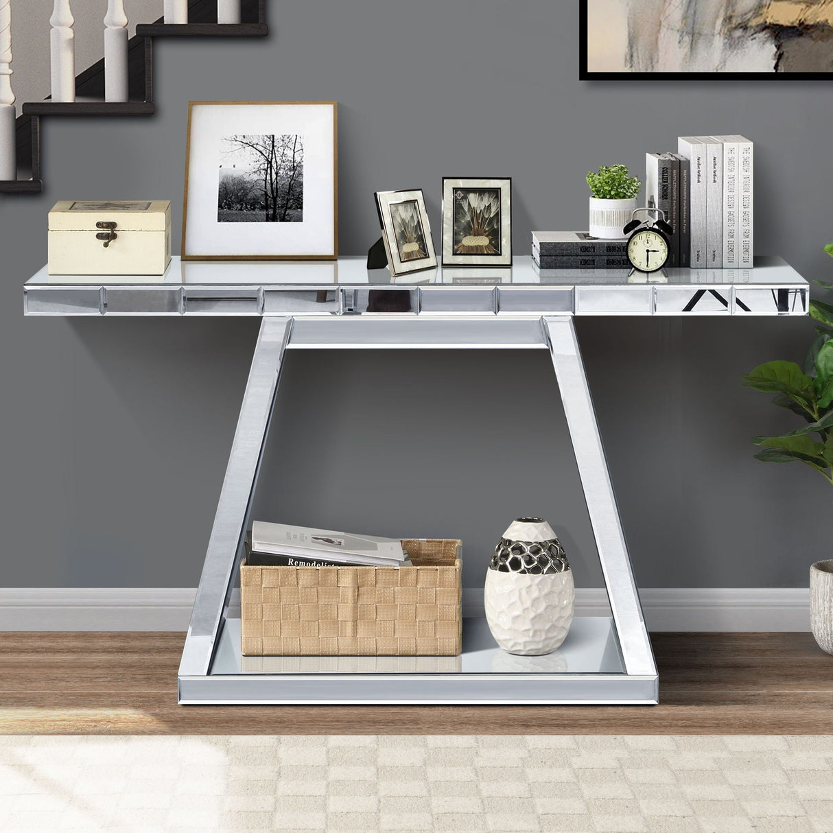Modern Luxe Full Body Mirror Entryway Table With Trapezoid Base, 360° Reflective Console, Scratch Resistant, Open Storage - Silver