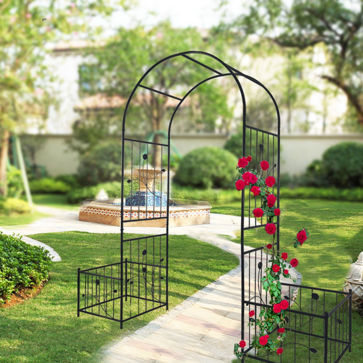 Couch.com Metal Garden Arch With Two Plant Stands Wide High Climbing Plants Support Rose Arch Outdoor Black, Iron Construction, Black Finish by Couch.com