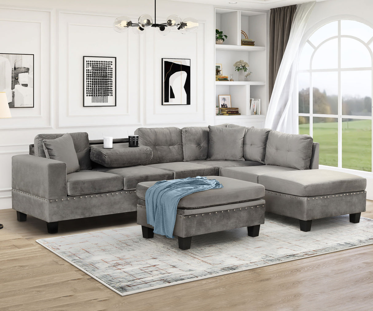 Modern Sectional Sofa With Storage Ottoman, L-Shape Couch With 2 Pillows And Cup Holder, Sectional Sofa With Reversible Chaise For Living Room by Couch.com