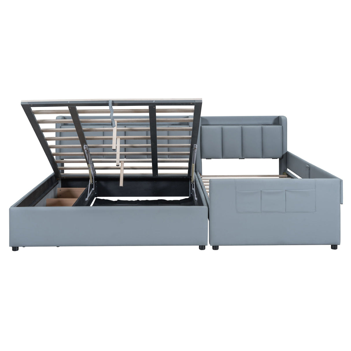 Upholstered Mother & Child Bed With Hydraulic Storage System, Drawer Box, Bedhead Storage Shelf And 2 Pairs Of Sockets & USB Ports by Couch.com