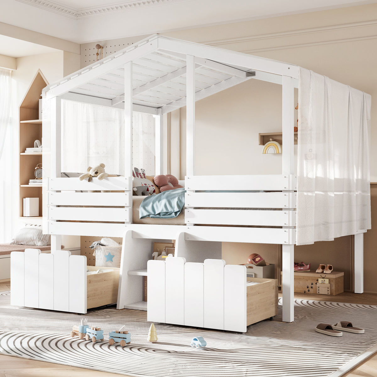 Full House Loft Bed with Cute Stairs and 2 Big Storage Drawers, Low Loft Bed with House-Style Roof, No Box Spring Needed, Farmhouse Style, White