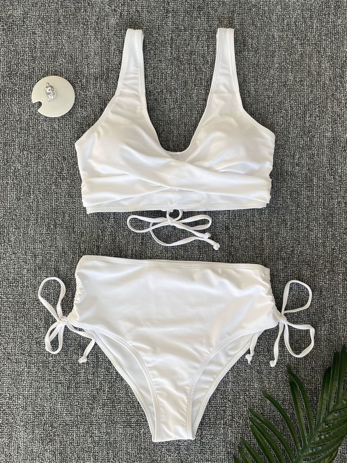 Bikini Twist Front V Neck High Waist 2 Piece Bikini Set for Women – Stretchy Tie Back Swimsuit with Drawstring Lace Up and Comfortable Fit – Trendy Solid Color Swimwear for Beach Days Pool Parties and Summer Vacations