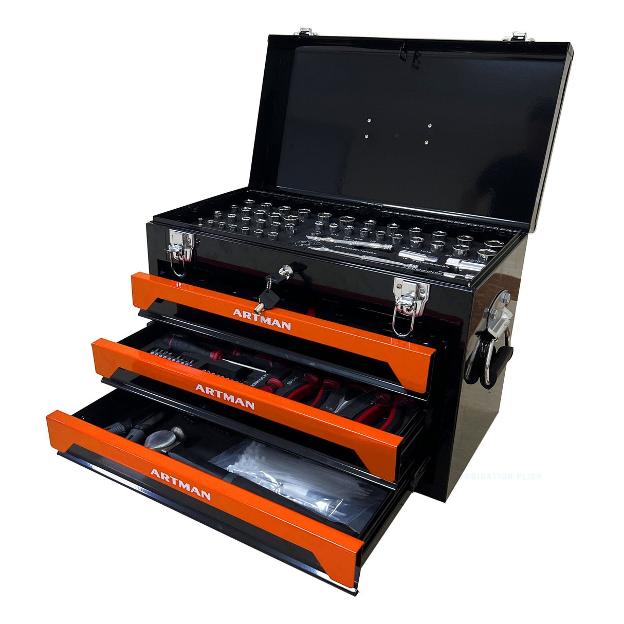 Portable 3 Drawer Steel Toolbox, 4 Layers Of Tools With Metal Latches, With Storage Tray And Carrying Handle by Couch.com