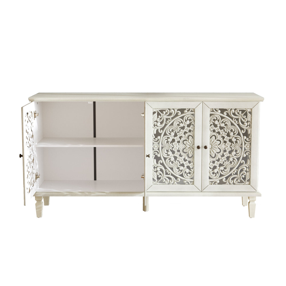 60" Antique Buffet Cabinet with Floral Carvings and Solid Wood Legs