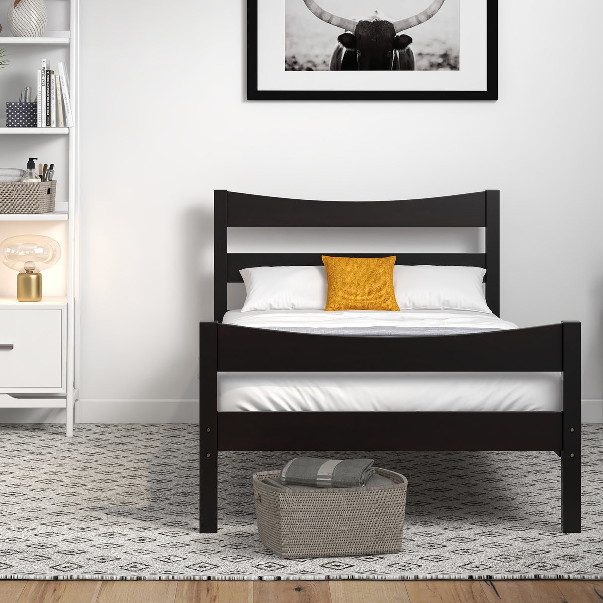 Twin Size Rustic Style Platform Bed Frame with Headboard and Footboard-Dark Brown