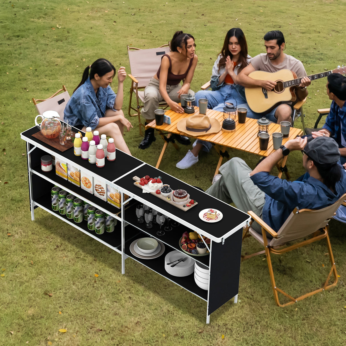 Aluminum Portable Picnic Table with 2-Tier Open Shelves and Spacious Tabletop-Black