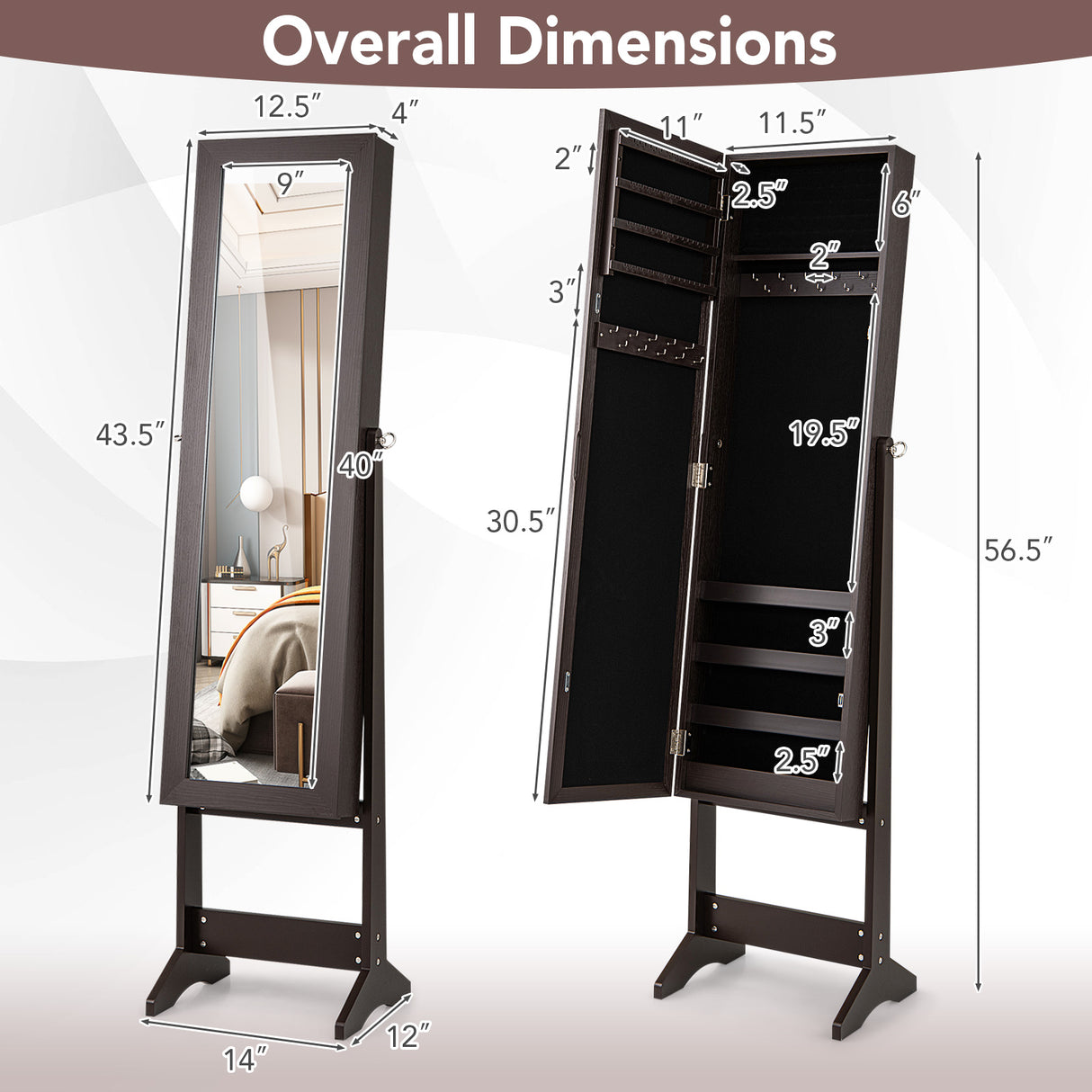 Mirrored Standing Jewelry Cabinet Storage Box-Rustic Brown