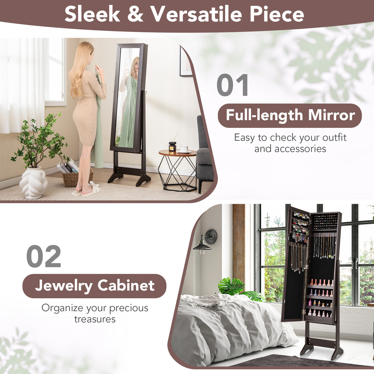 Mirrored Standing Jewelry Cabinet Storage Box-Rustic Brown
