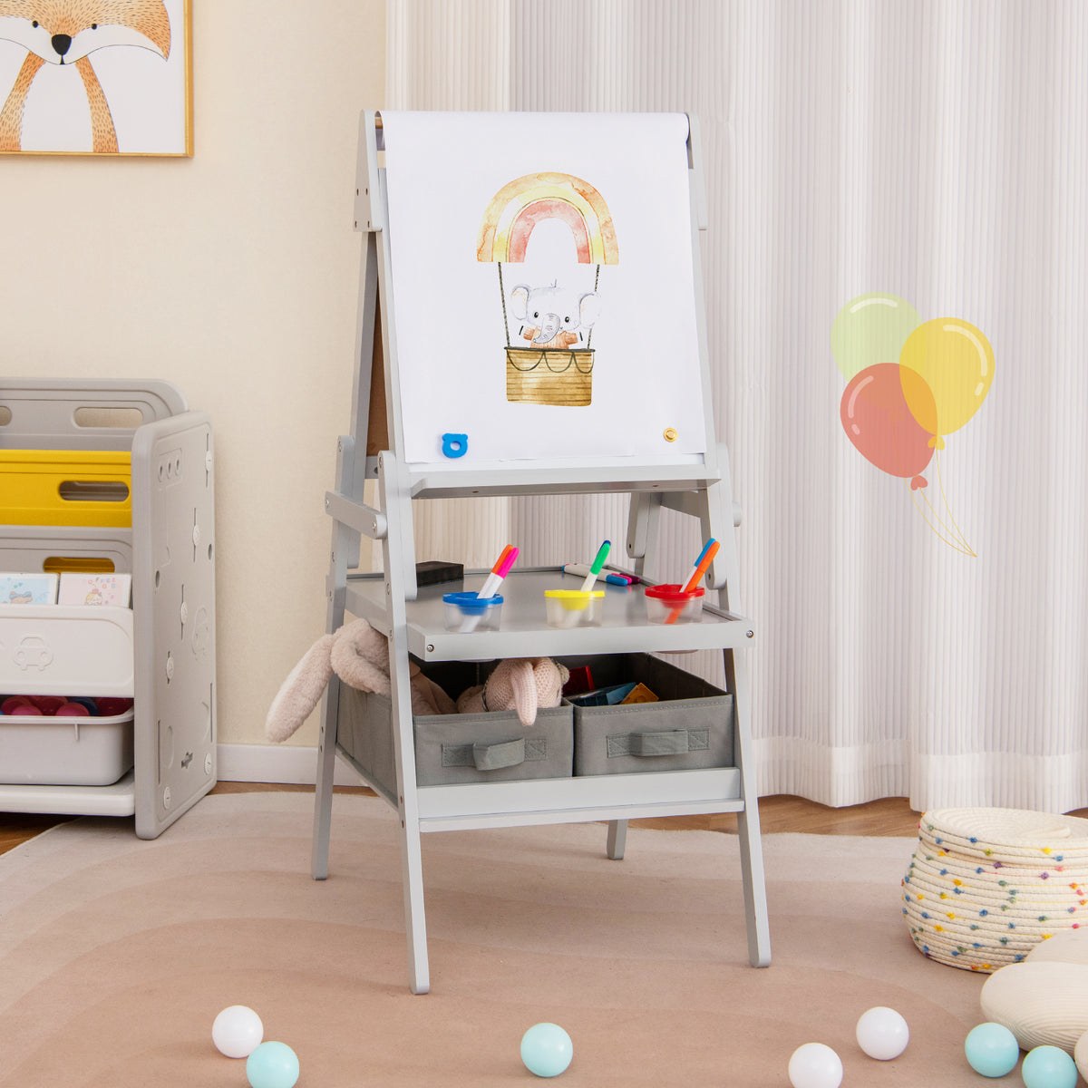 3-in-1 Art Easel for Kids with Magnetic Chalkboard and Whiteboard-Gray