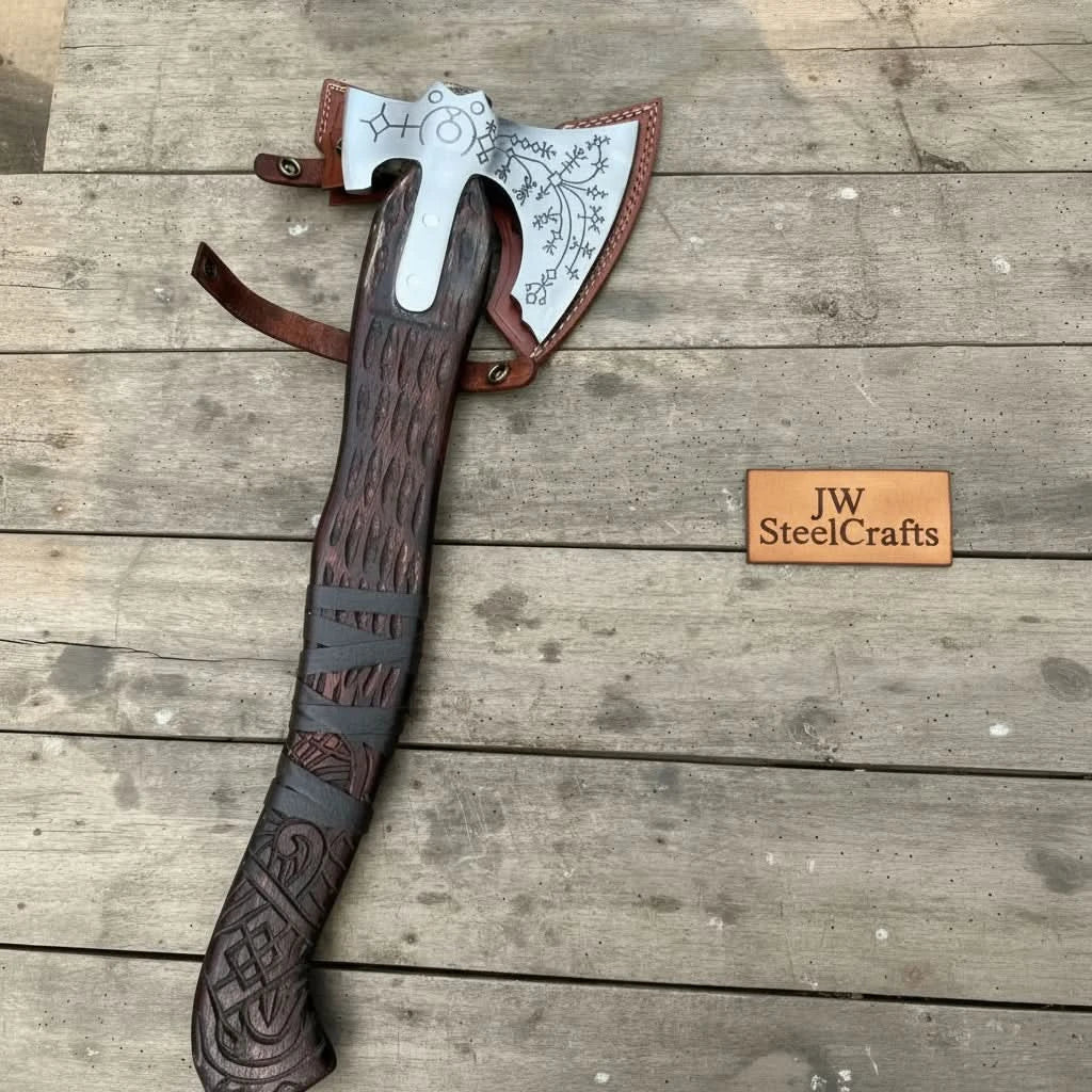 Engraved Leviathan Axe Replica with Carved Wood Handle