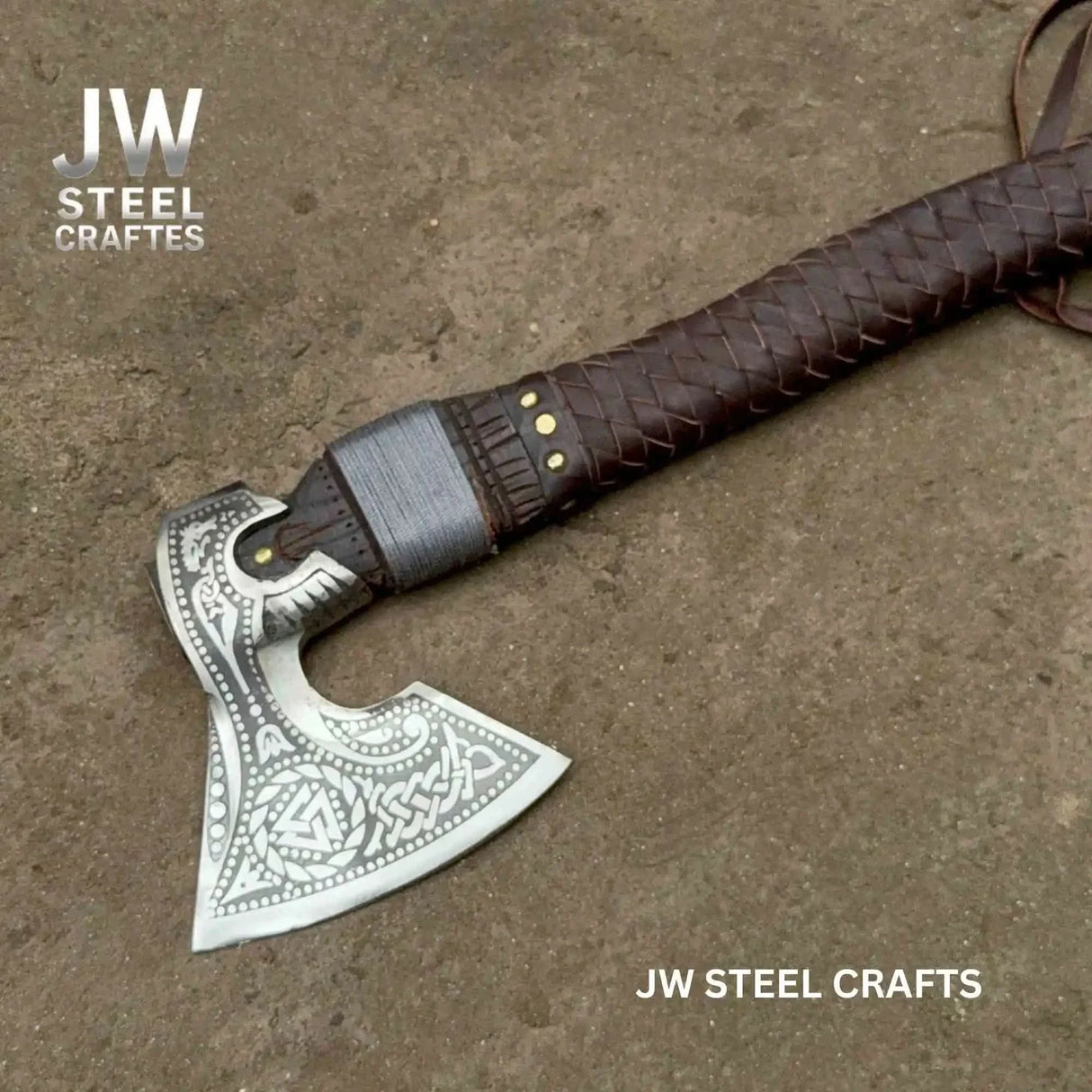 Engraved Norse Valknut Hatchet with Braided Leather Handle
