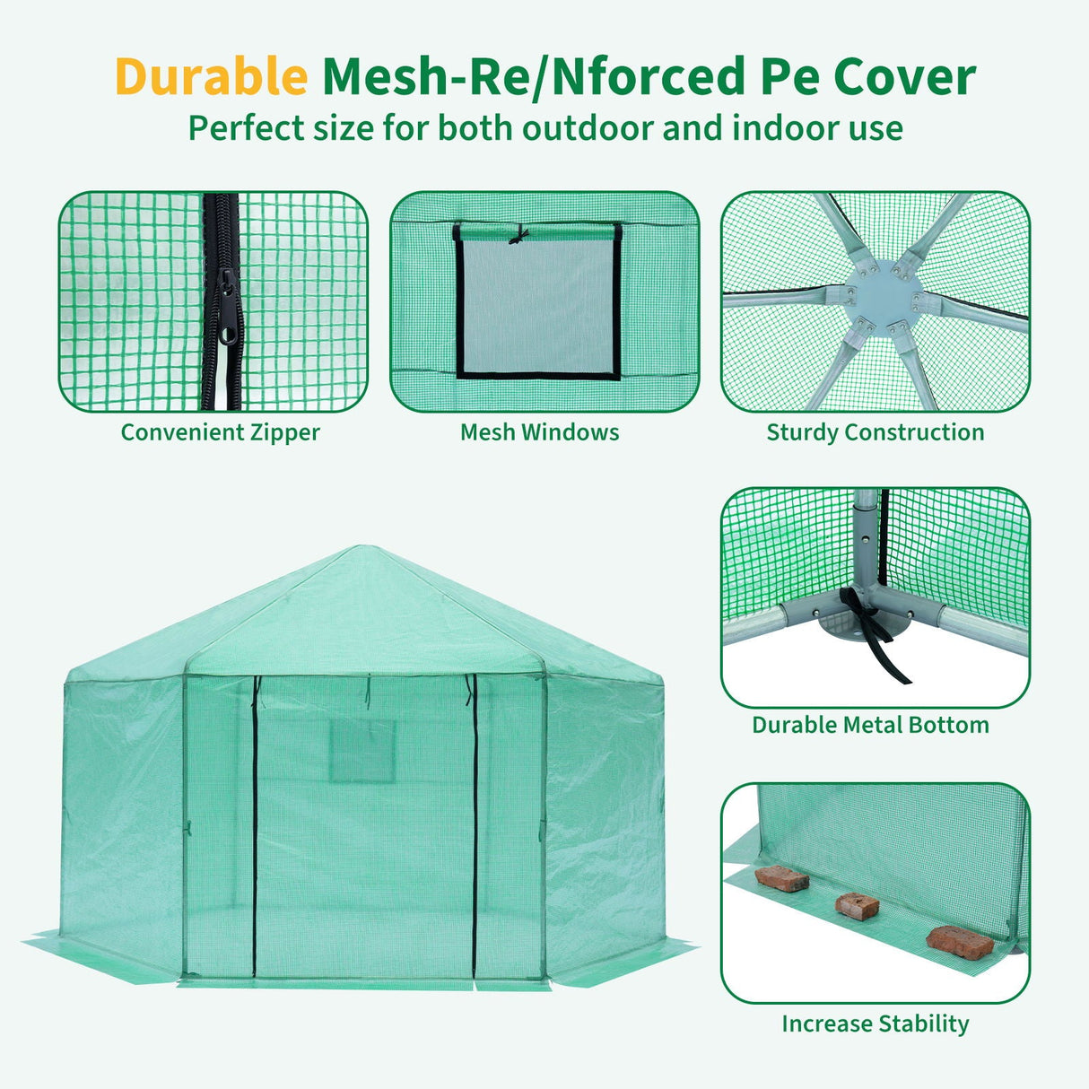 Walk-in Greenhouse Hexagonal Upgrade Reinforced Frame Heavy Duty Plastic Greenhouse Reinforced Thickened Waterproof Insulation (13.1*8.6 ft) - Green by Couch.com
