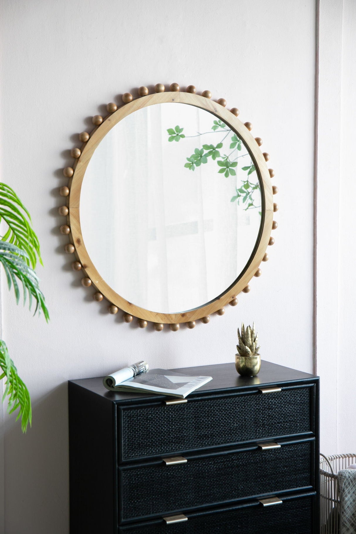 Wood Round Mirror With Beaded Frame, Circle Wall Mirror For Living Room Bedroom Entryway - Brown by Couch.com