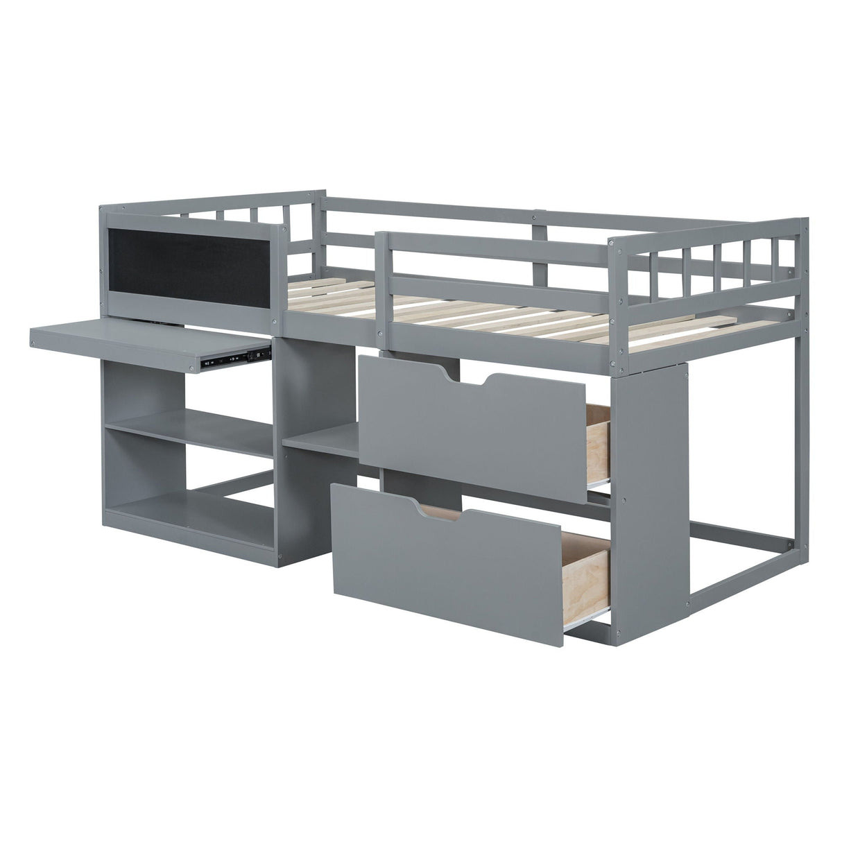 Low Loft Bed With Rolling Desk, Shelf And Drawers by Couch.com