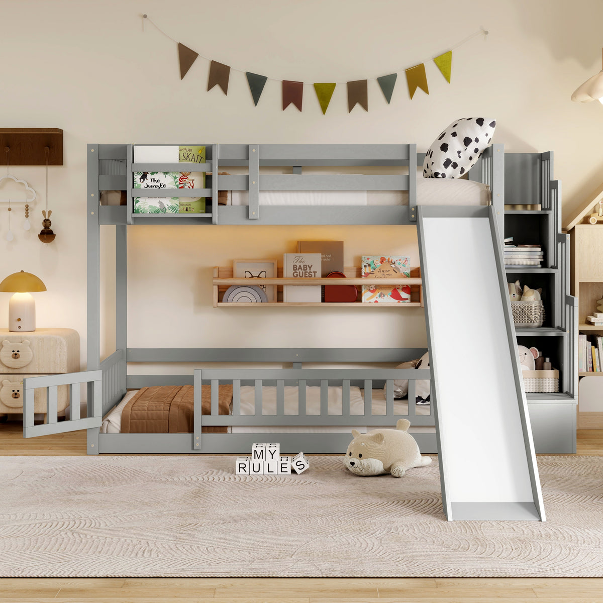 Twin Over twin Bunk Bed with Slide, Storage Staircase, Bedside Storage Rack,LED lights,Pine Solid Wooden Bunk Bed with Safety Guardrails ,Grey