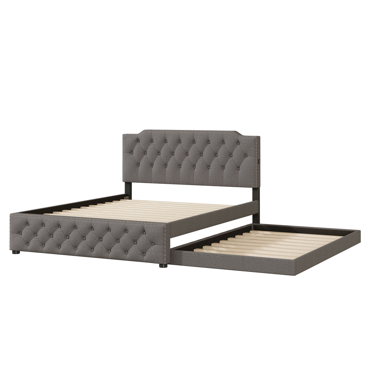 Upholstered Platform Bed With Trundle And 2 Sets Of USB Ports On Each Side, Linen Fabric by Couch.com