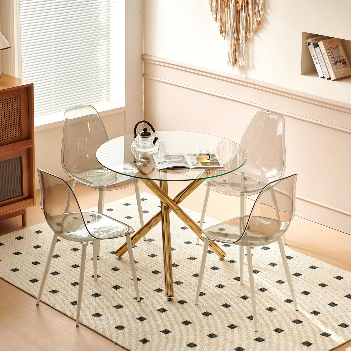 5 Pieces Dining Set, Table Metal Leg Mid-Century Dining Table For 4 - 6 People With Glass Table Top, Pedestal Dining Table, End Table Leisure Coffee Table - Golden by Couch.com