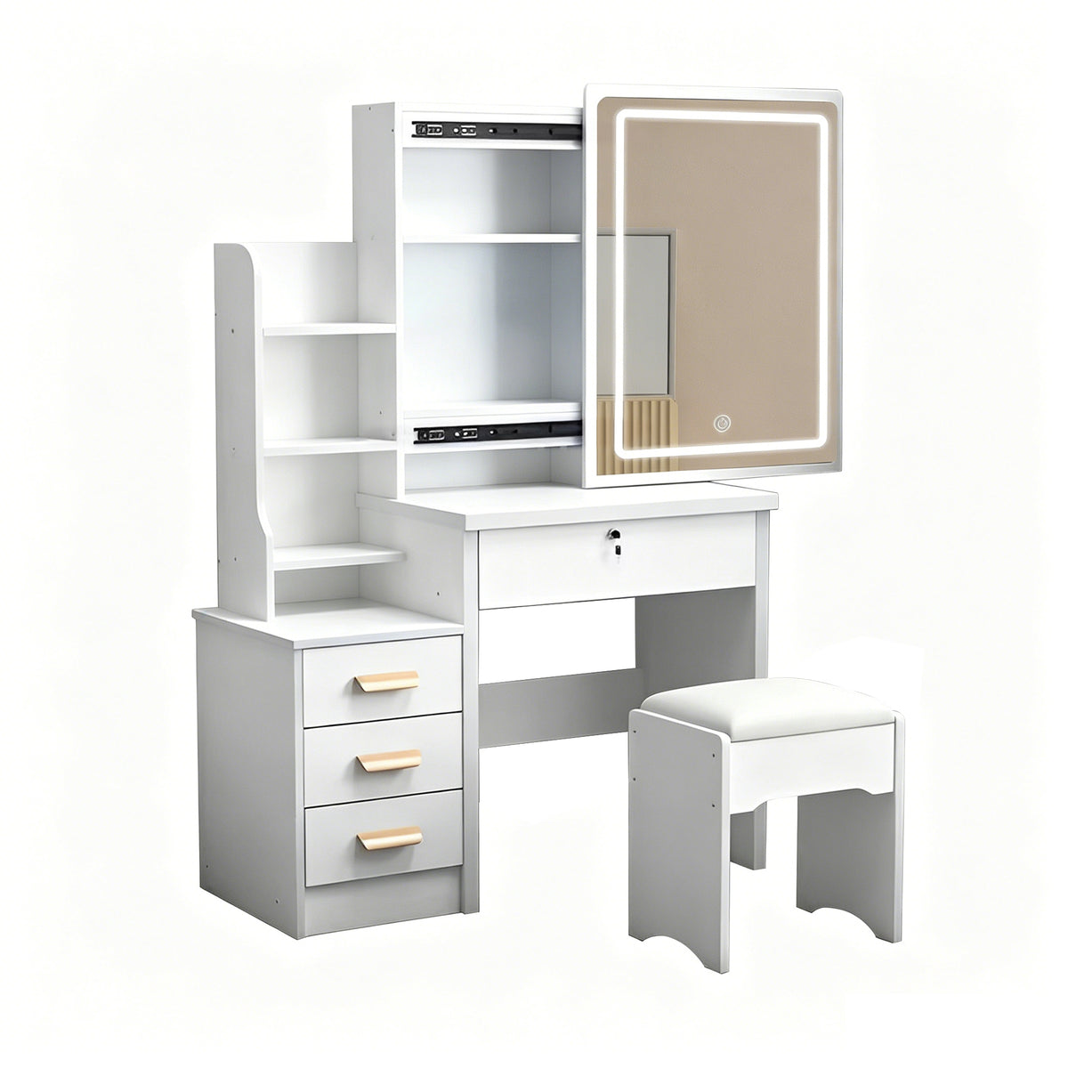 Fashion Vanity Desk with Mirror and Lights for Makeup and Chair, White MDF Vanity Set with 3 Color Adjustable LED Lighting, 4 Drawers