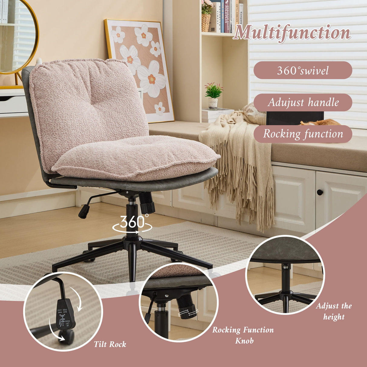 Oversize Seat Cirss Cross Chair With Wheels, Elegant Design Computer Chair, Adjustable Height 360 Degree Rolling Swivel Home Office Chair For Small Space, Dressing Room, Living Room by Couch.com