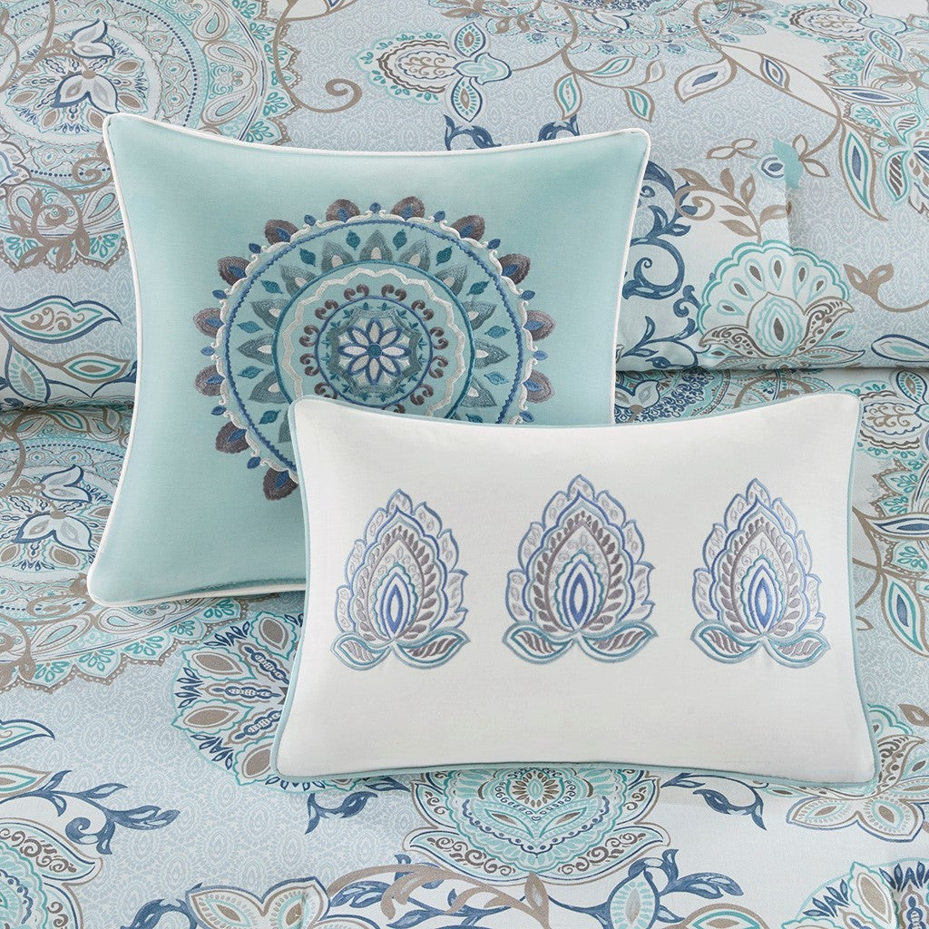 8 Piece Cotton Floral Printed Reversible Comforter Set Blue