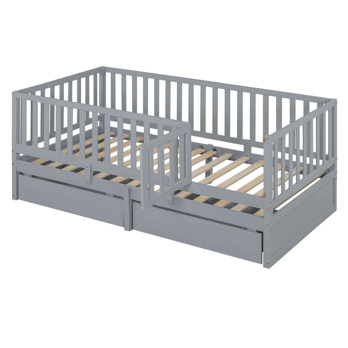 Daybed With Fence Guardrails And 2 Drawers, Split Into Independent Floor Bed & Daybed by Couch.com