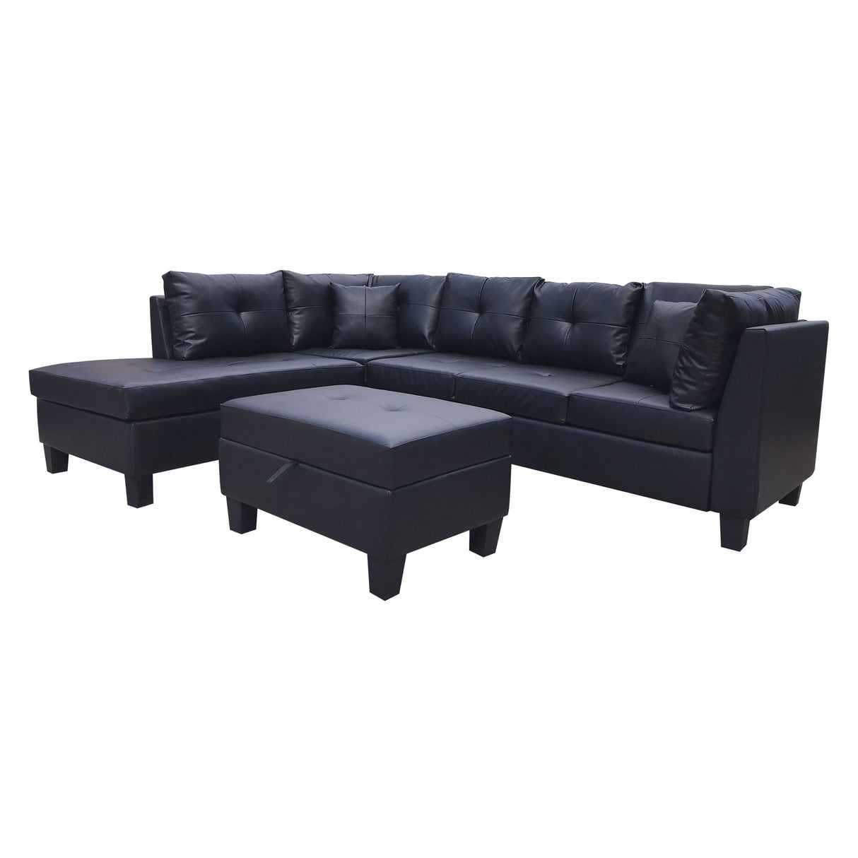 3 Piece Sofa With Left Chaise Lounge And Storage Ottoman, 2 Throw Pillows - Black by Couch.com