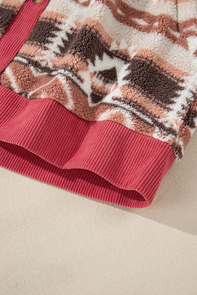 Retro Unique Geometric Print Corduroy Trim Button-Up Jacket Classic Modern Deep Rose Jacket