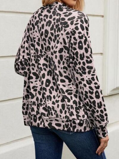 Modern Full Size Leopard Black White Collared Neck Zip Up Jacket Stylish & Comfortable Everyday Wear