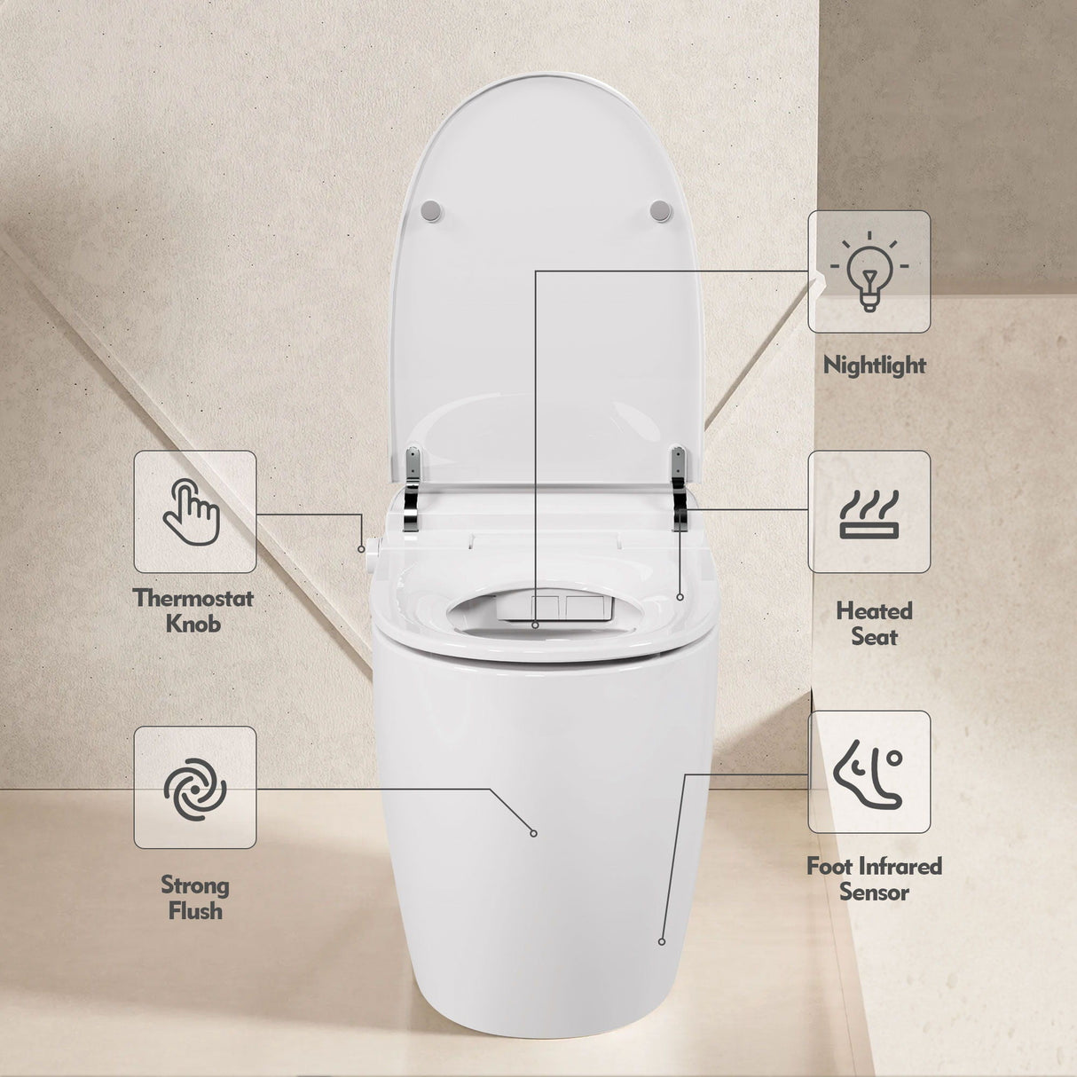 Heated Seat Smart Toilet, One Piece Toilet, Automatic Flush Tank Less Toilet Without Bidet, With Foot Sensor Flush - White Night Light, Knob Control, Power Outage Flushing, Soft Close Cover - White by Couch.com