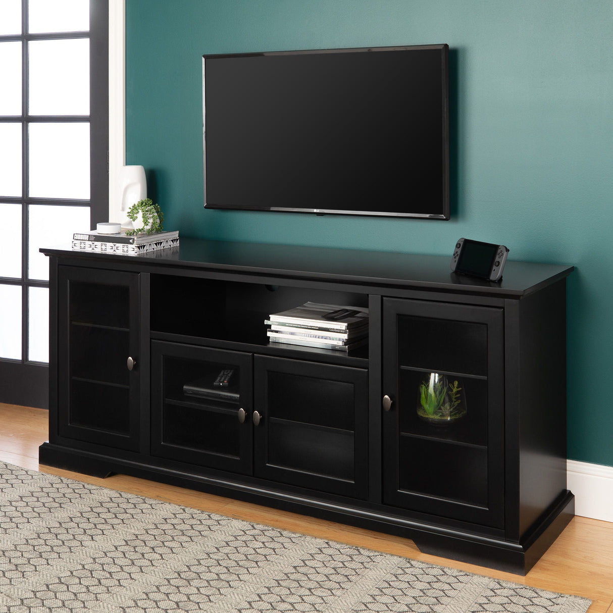 Transitional Classic 70" TV Stand For 80" TVs With 4 Glass Doors by Couch.com