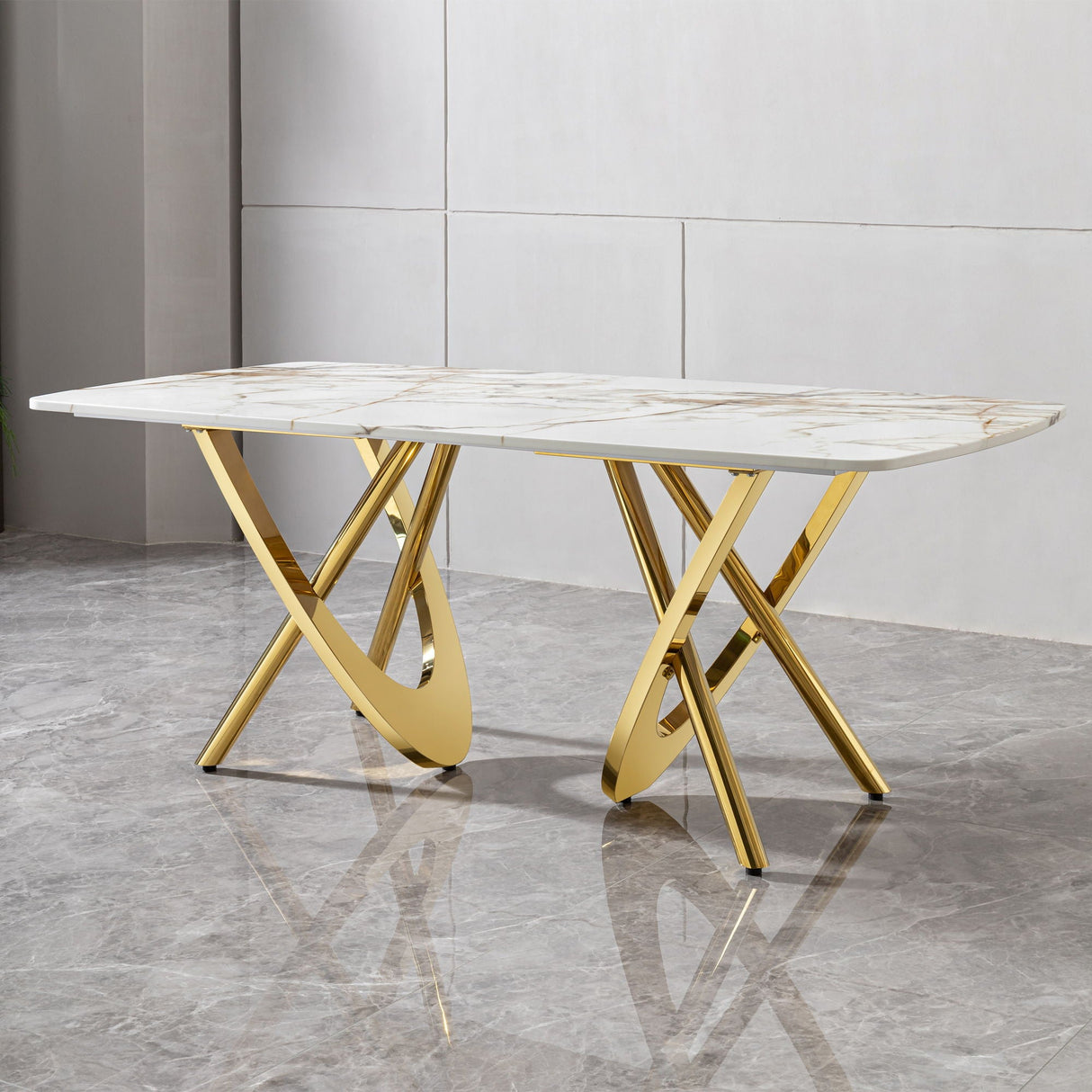 Marble Pattern Dining Table With Stainless Steel Base, Rectangular, Seats 6 Or 8 - Gold by Couch.com