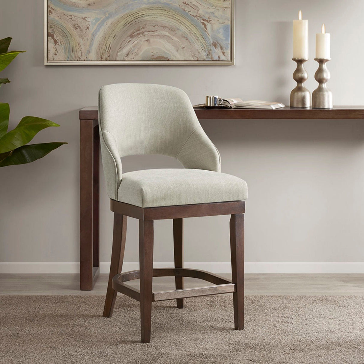 Counter Stool With Swivel Seat, Upholstery And Solid Wood Legs - Cream by Couch.com