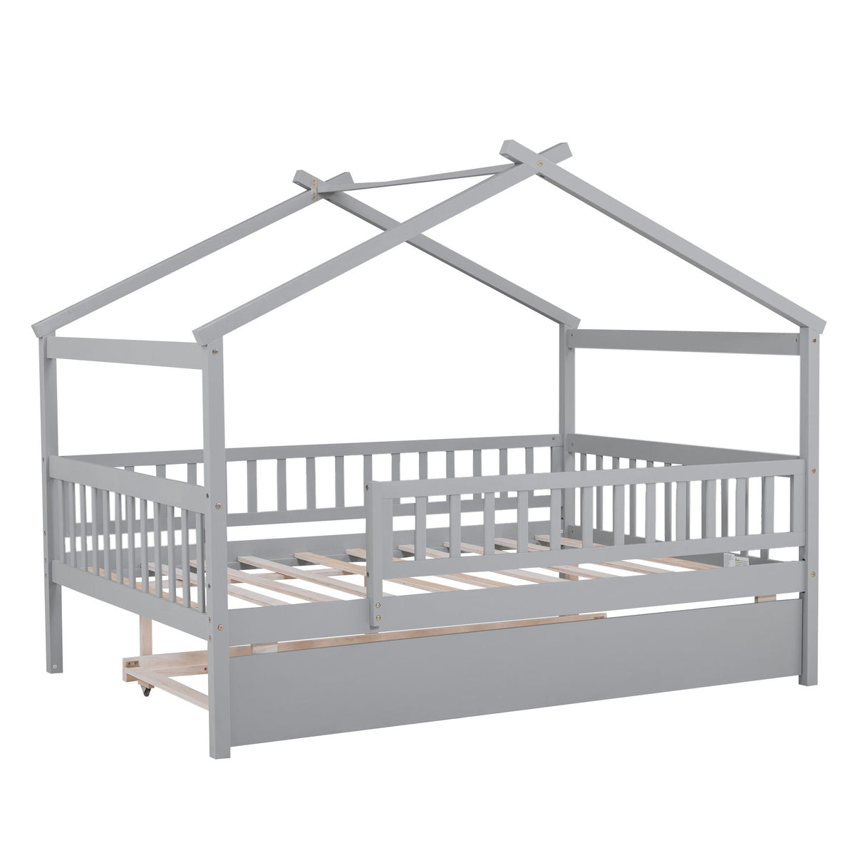 The Creativity House Bed features a gray wooden frame with a pitched roof and open slats, includes side safety rails, and a twin-size trundle drawer.