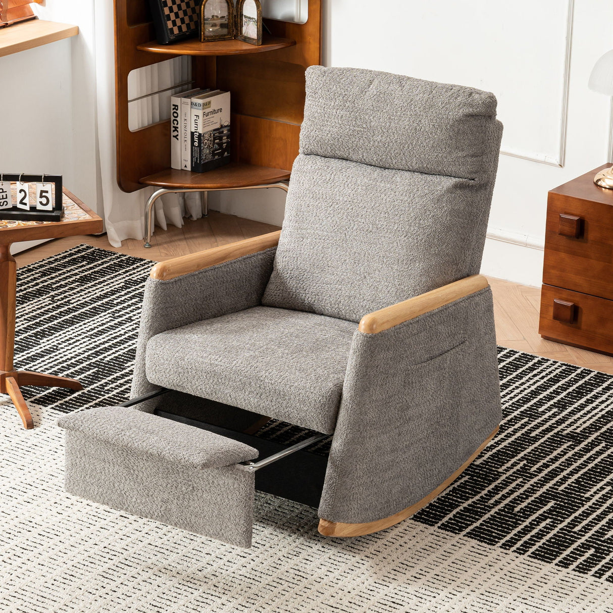 Accent Rocking Chair With Footrest, High Back Rubber Wood Rocking Legs Bedroom Living Space by Couch.com