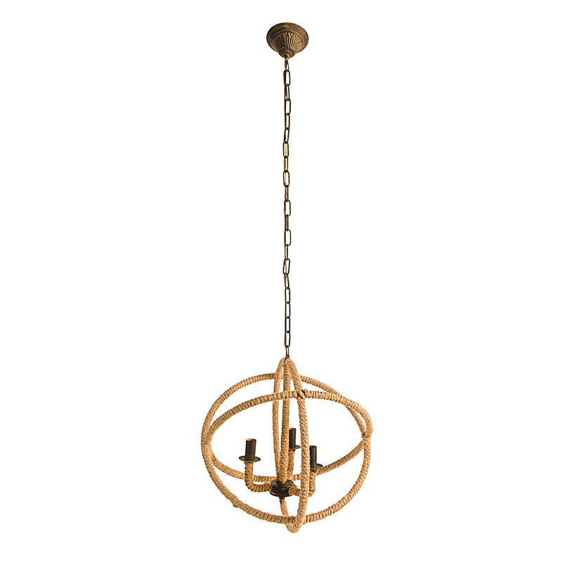 3 Light Farmhouse Chandelier, Rope Chandelier Globe Hanging Light Fixture With With Adjustable Chain For Kitchen, Bulb Not Included - Beige Brown by Couch.com