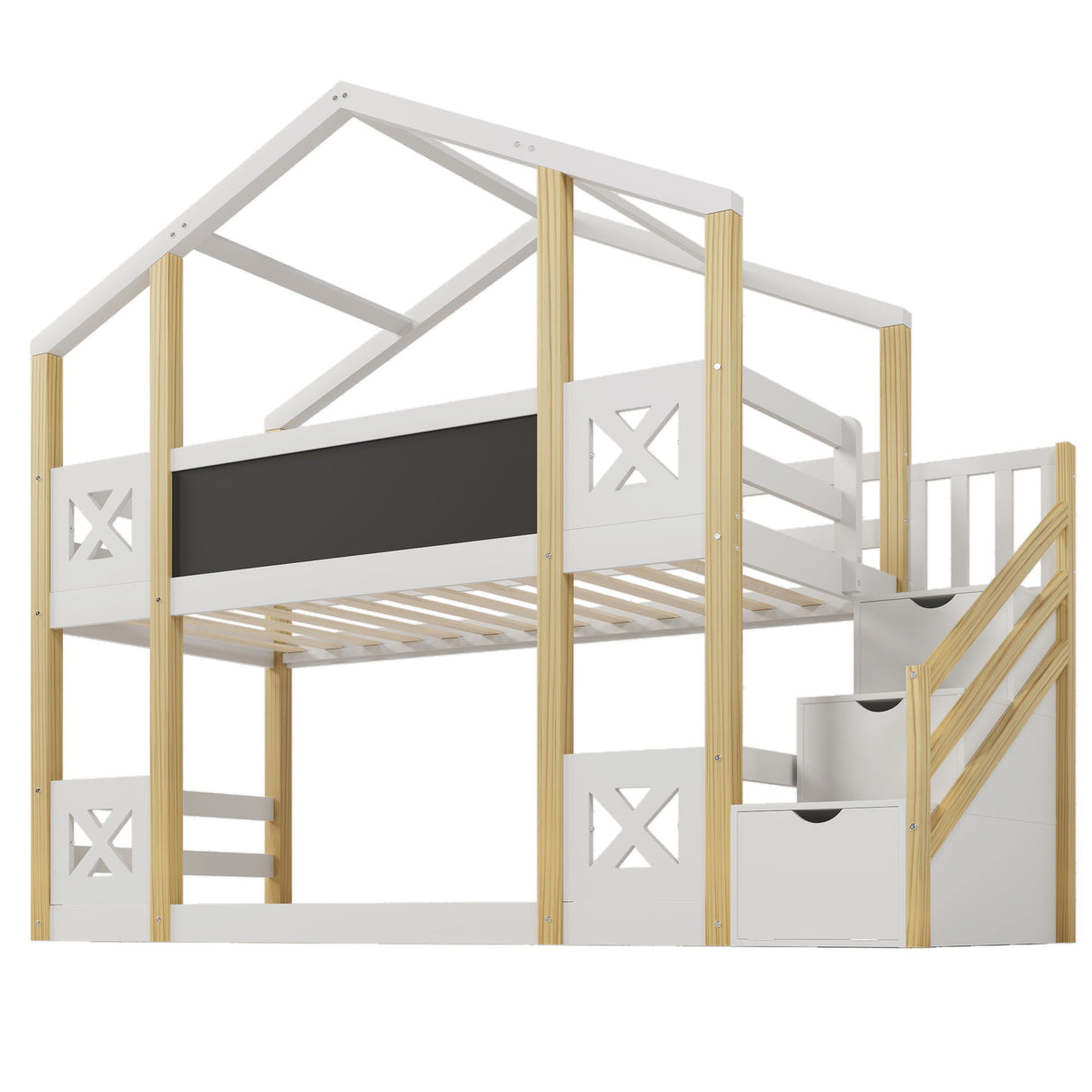 Twin Over Twin House Bunk Bed With White Storage Staircase And Blackboards - White by Couch.com
