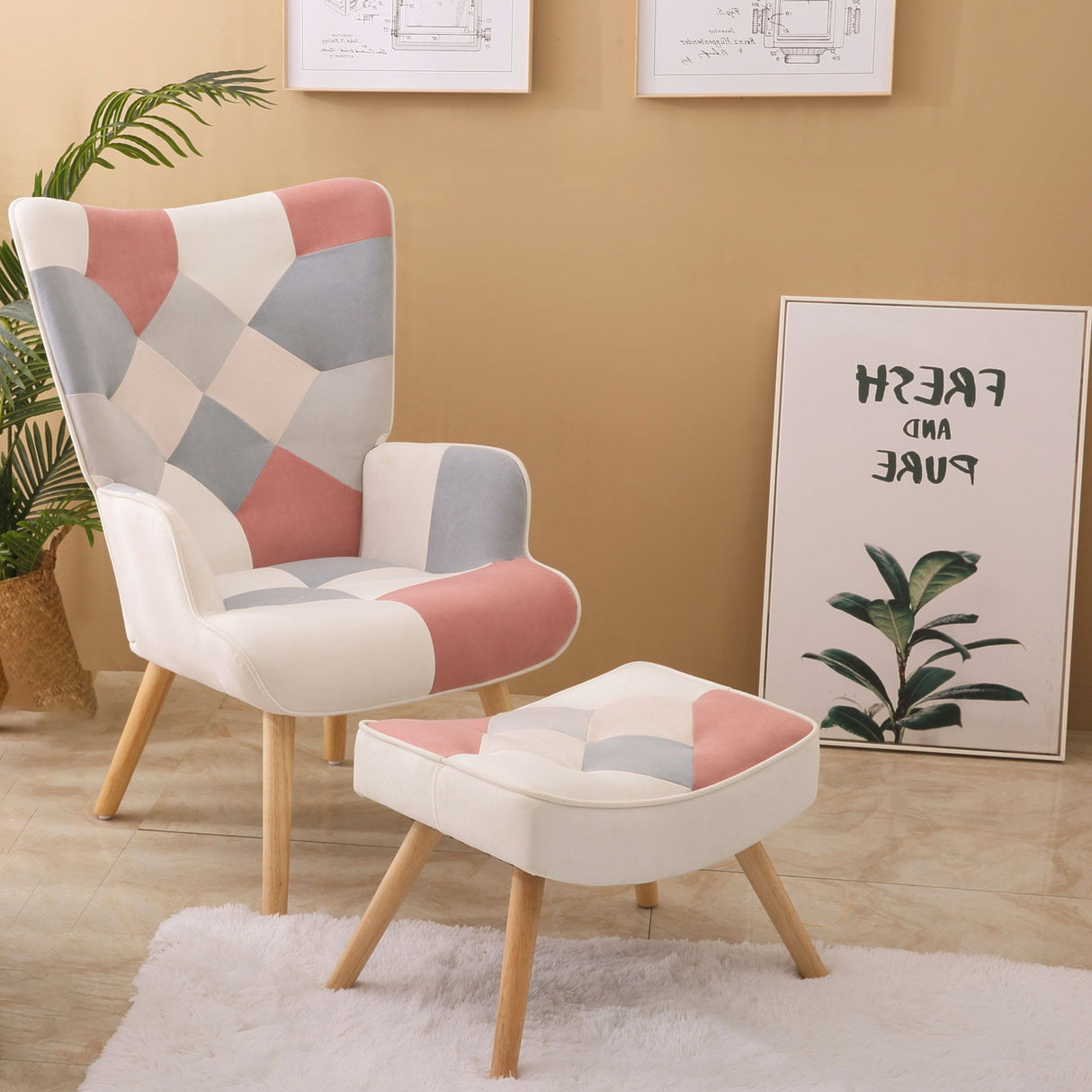 Accent Chair With Ottoman, Living Room Chair And Ottoman Set, Comfy Side Armchair For Bedroom, Creative Splicing Cloth Surface by Couch.com