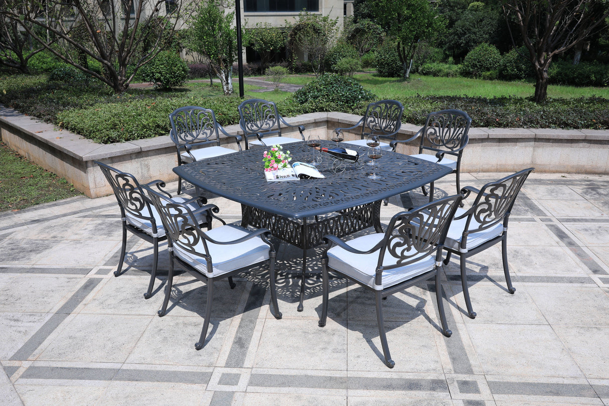 Square 8 Person 64" Long Aluminum Dining Set With Cushions by Couch.com