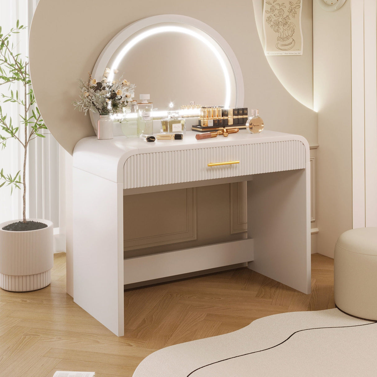 Couch.com Makeup Vanity Table With Mirror Touch Screen Lighted Mirror, Dressing Table With Drawer For Bedroom White, with Storage, Durable Design, Wood Construction, White Finish by Couch.com