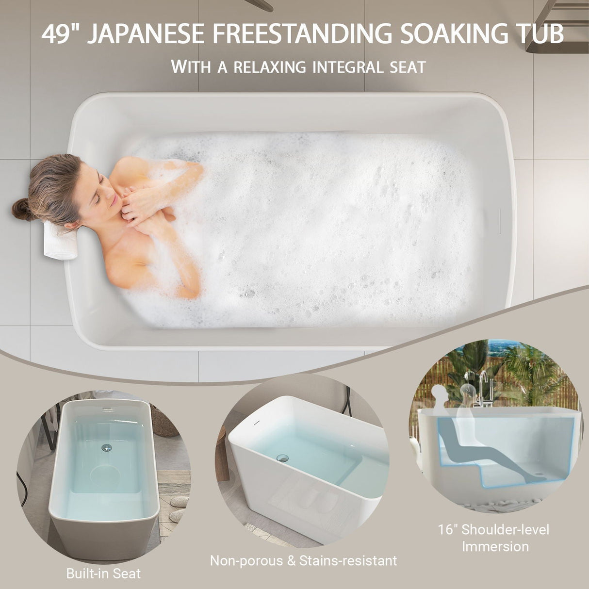 49'' Acrylic Freestanding Soaking Bathtub, Square-Shape Japanese Soaking Hot Tub, Sit-In Design With Chrome Overflow And Drain For Express Delivery 23Amazing-49 (W1920P179228) - Glossy White by Couch.com