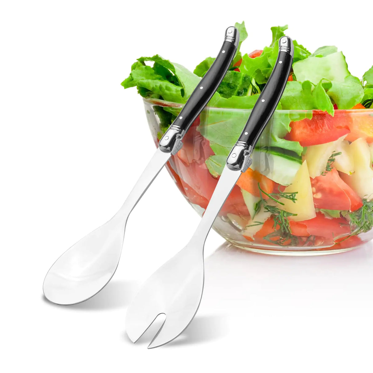 Salad Servers Set - 10" Spoon and Fork Utensils for Serving Salad Stainless Steel - Set of 2 Salad Spoon and Salad Fork Kitchen Salad Tongs (Black)